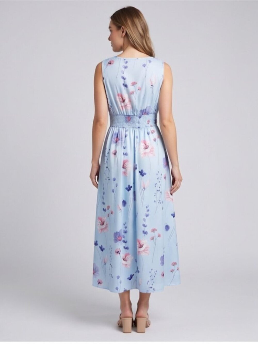 LAST ONE 🔥 Light Blue Floral V-Neck Cinch-Waist Midi Dress - Picture 4 of 6
